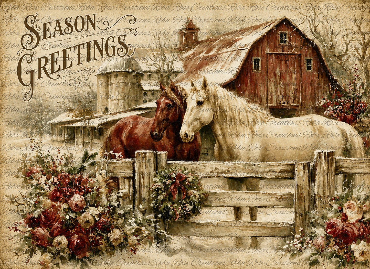 Reba Rose Creations Rice Paper for Decoupage, Winter Horses, Christmas, Red Barn, Mixed Media, A4 8.27 X 11.6