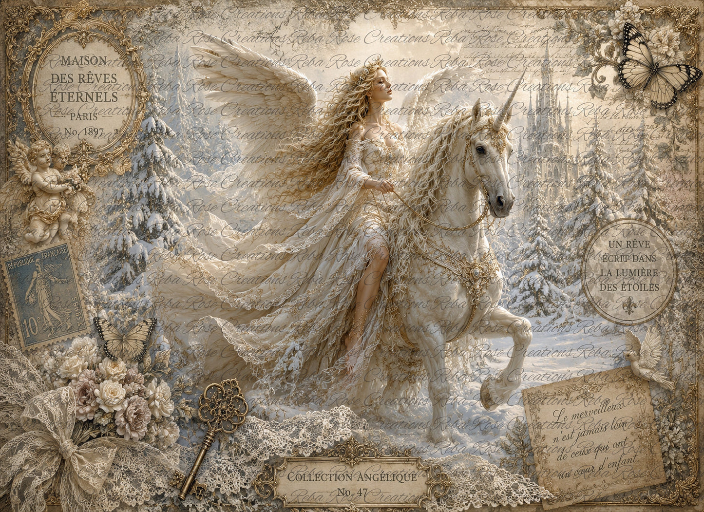 Reba Rose Creations Rice Paper for Decoupage, Winter Fantasy, Angel on Horse, Mystical, Mixed Media, A4 8.27 X 11.6