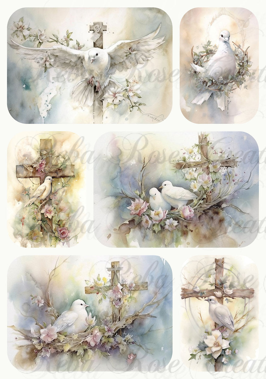Reba Rose Creations, Rice Paper for Decoupage, Mixed Media, Easter, Doves, Crosses, Squares, A4 8.27 X 11.6