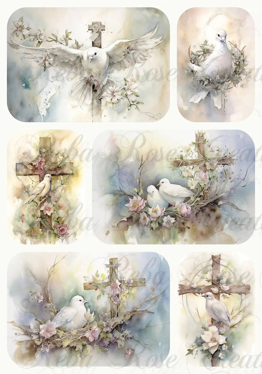 Reba Rose Creations, Rice Paper for Decoupage, Mixed Media, Easter, Doves, Crosses, Squares, A4 8.27 X 11.6 Reba Rose