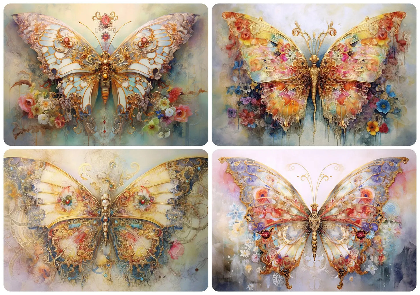 Reba Rose Creations, Rice Paper for Decoupage, Mixed Media, Jeweled Golden Butterflies, A4 8.27 X 11.6 Reba Rose