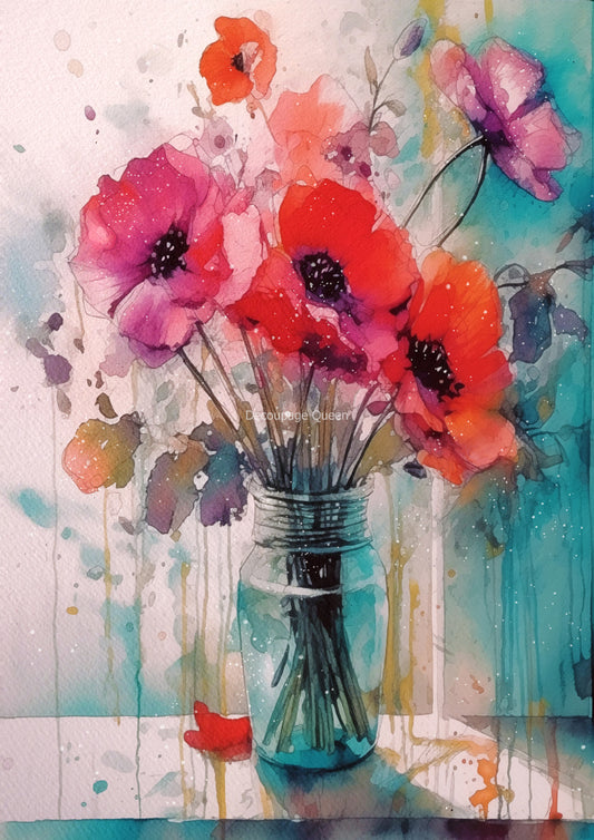 Decoupage Queen, Rice Paper, 2024 Summer Release, Andy Skinner Art, Design, Watercolor, Poppies, Flowers, Vase, A4 8.3" X 11.7" DQRP-0600