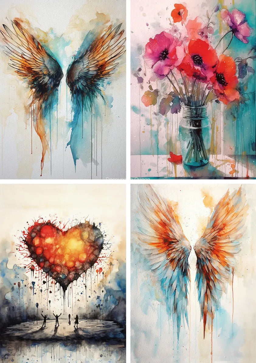 Decoupage Queen, Rice Paper, 2024 Summer Release, Andy Skinner Art, Design, Watercolor, Wings, Heart, Poppies, A4 8.3" X 11.7" DQRP-0602 Decoupage Queen