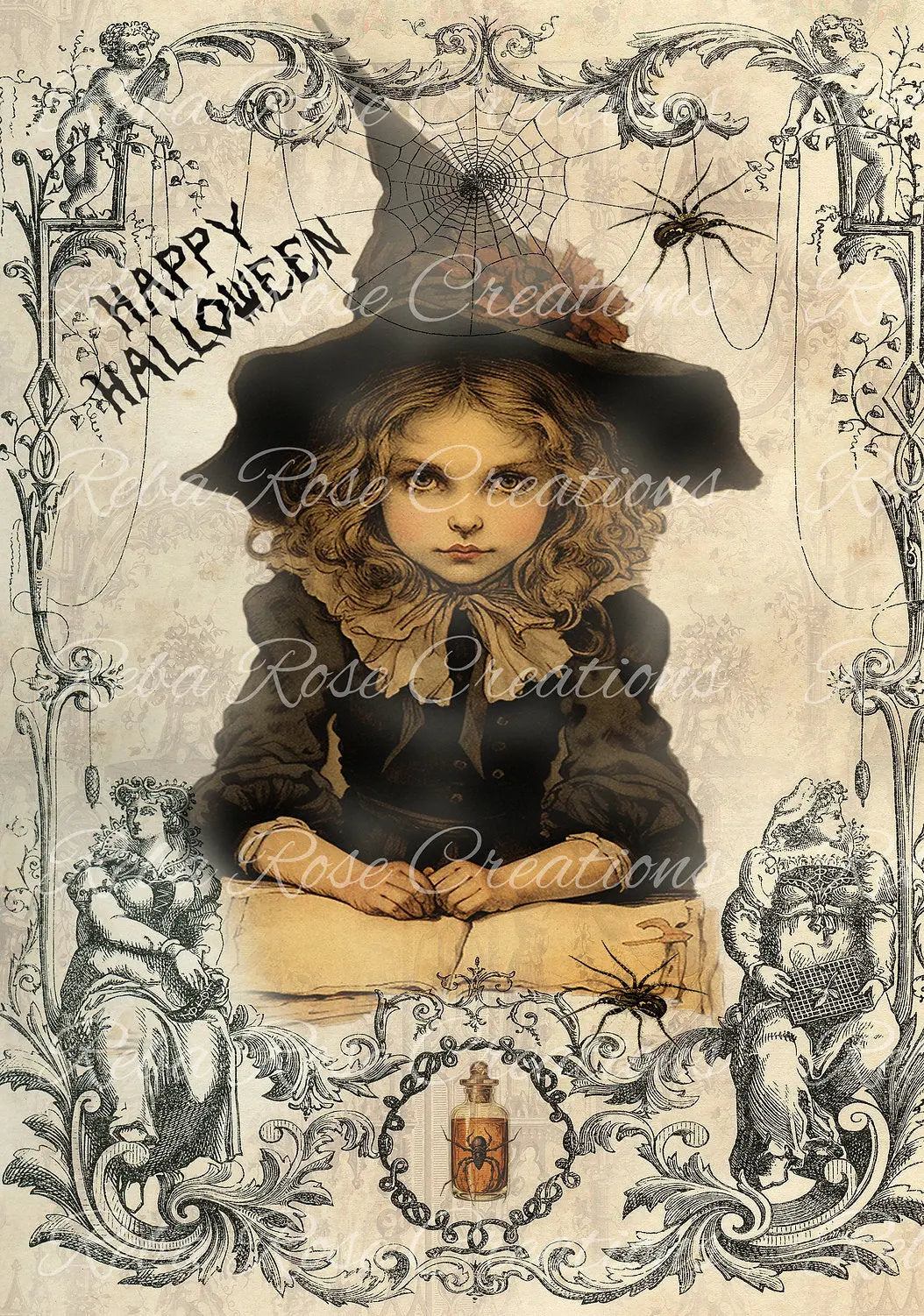 Reba Rose Creations, Rice Paper for Decoupage, Mixed Media, Halloween, Witch, Vintage Style, 0648 A4 8.27 X 11.6 Reba Rose