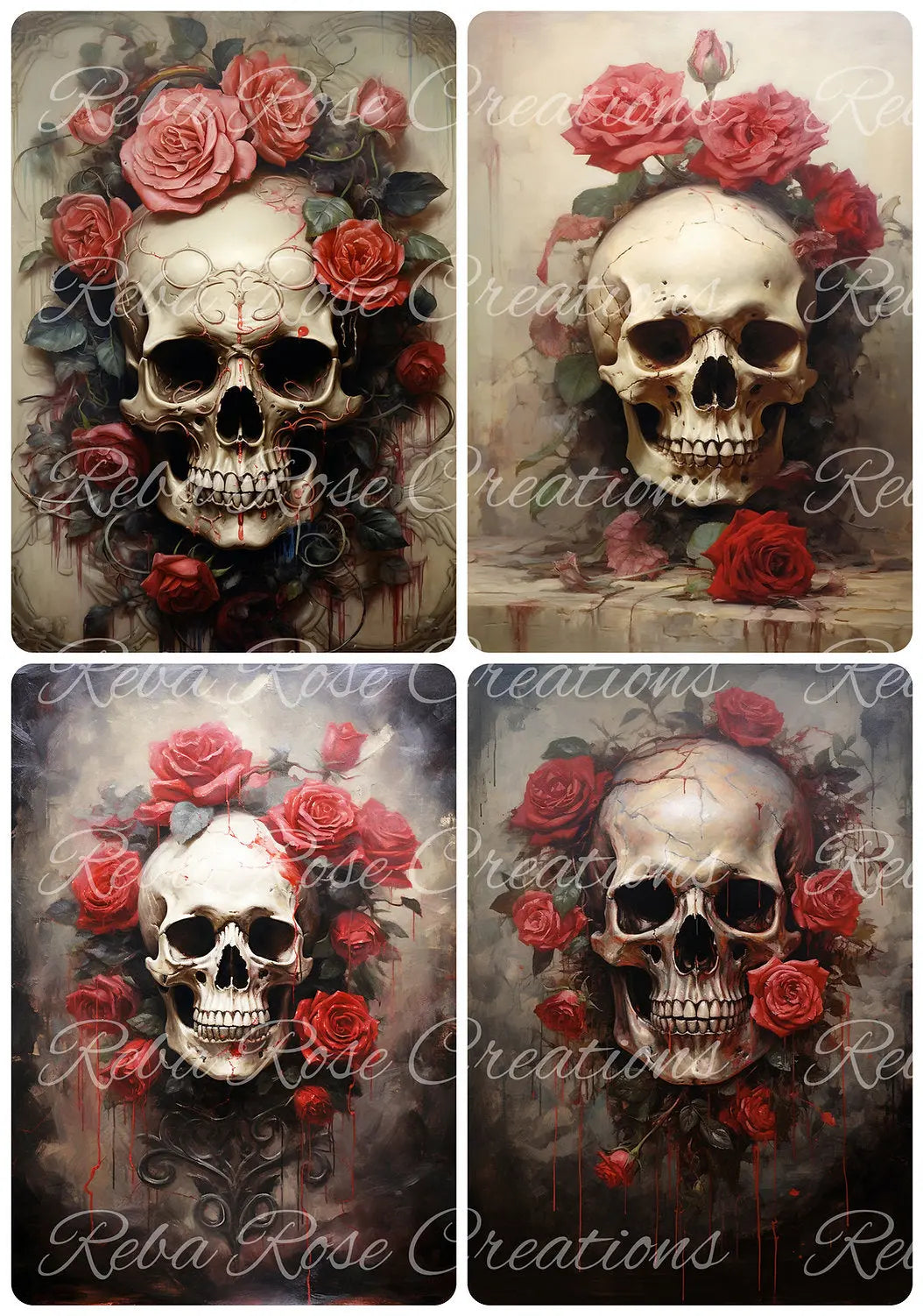 Reba Rose Creations, Rice Paper, Decoupage, Mixed Media, Skulls, Red, Roses, Squares, Gothic, Shabby Chic, 0650, A4 8.27 X 11.6 Reba Rose