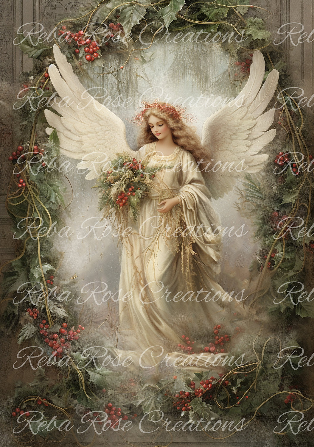 Reba Rose Creations, Rice Paper, Decoupage, Mixed Media, Angel, Christmas,  Holly Wreath, Shabby Chic, 0660, A4 8.27 X 11.6