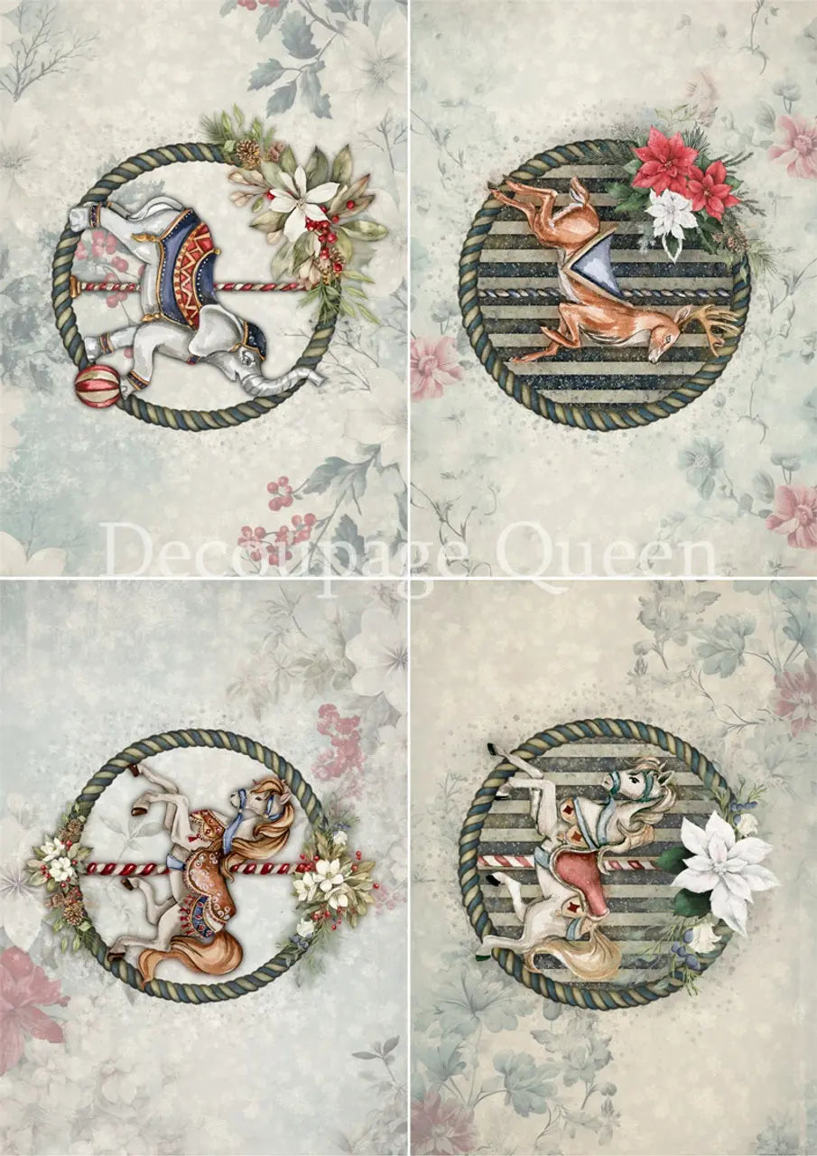 Decoupage Queen, Rice Paper, 2024 Winter Release, Dainty and the Queen, Jolly, Carousel Rounds, Christmas, Ornaments, Horses, Elephant, A4 8.3" X 11.7" Decoupage Queen
