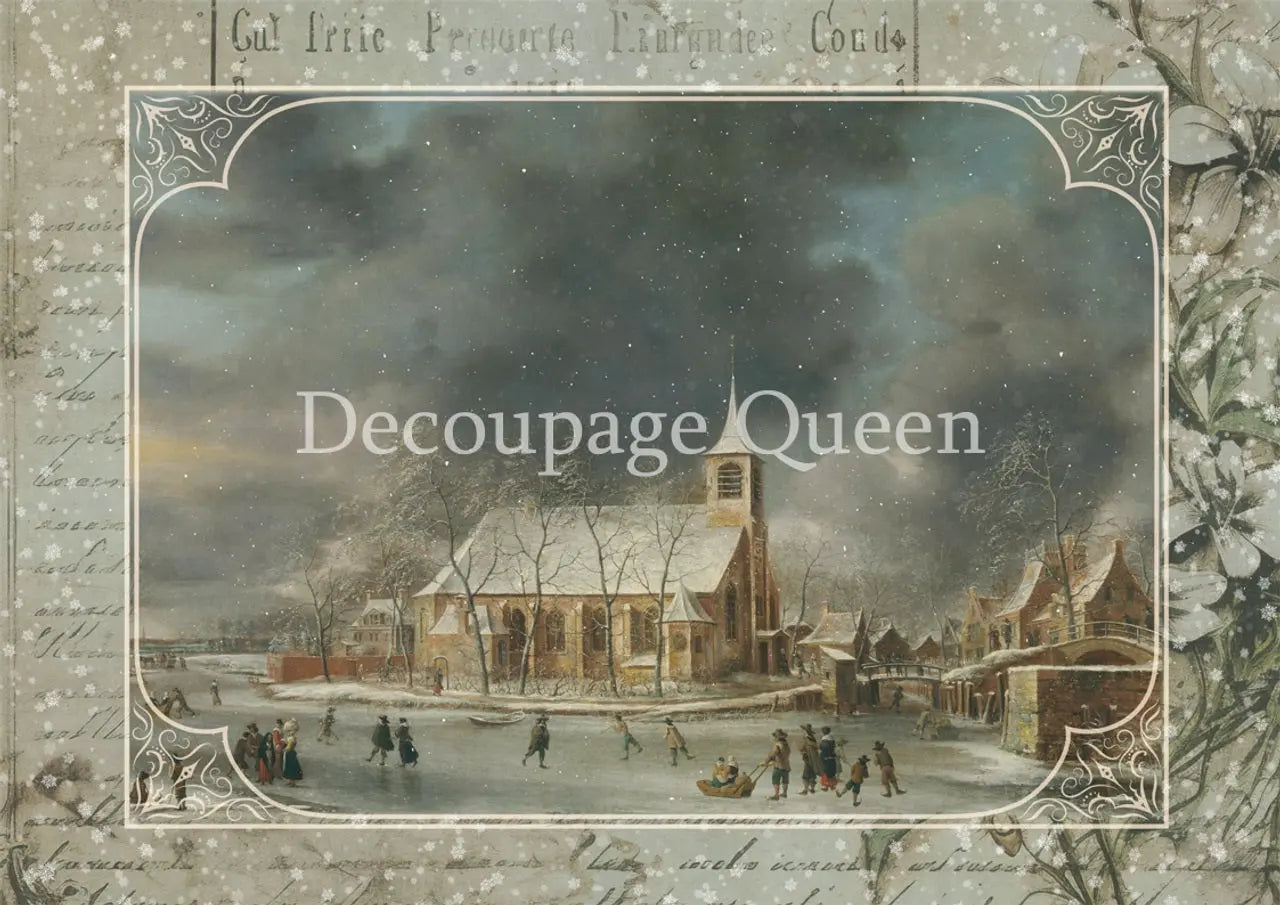 Decoupage Queen, Rice Paper, 2024 Winter Release, Snow, Landscape, Dainty, Winters Joy, Vintage Style Christmas Scene, Church, A4 8.3 X 11.7 Decoupage Queen