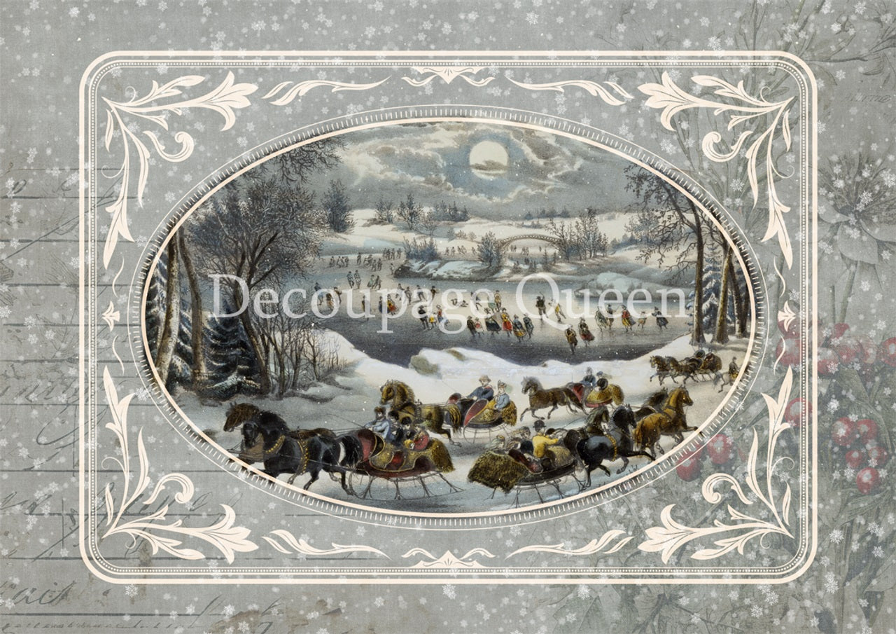 Decoupage Queen, Rice Paper, 2024 Winter Release, Snow, Landscape, Dainty, Horses, Sleigh, Vintage Style Christmas Scene, Central Park, A4