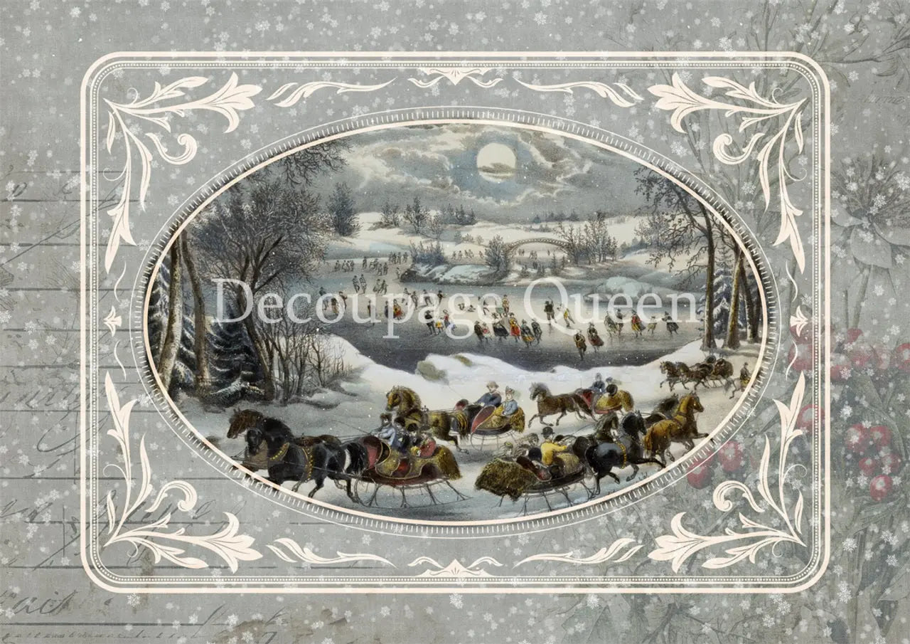 Decoupage Queen, Rice Paper, 2024 Winter Release, Snow, Landscape, Dainty, Horses, Sleigh, Vintage Style Christmas Scene, Central Park, A4 Decoupage Queen