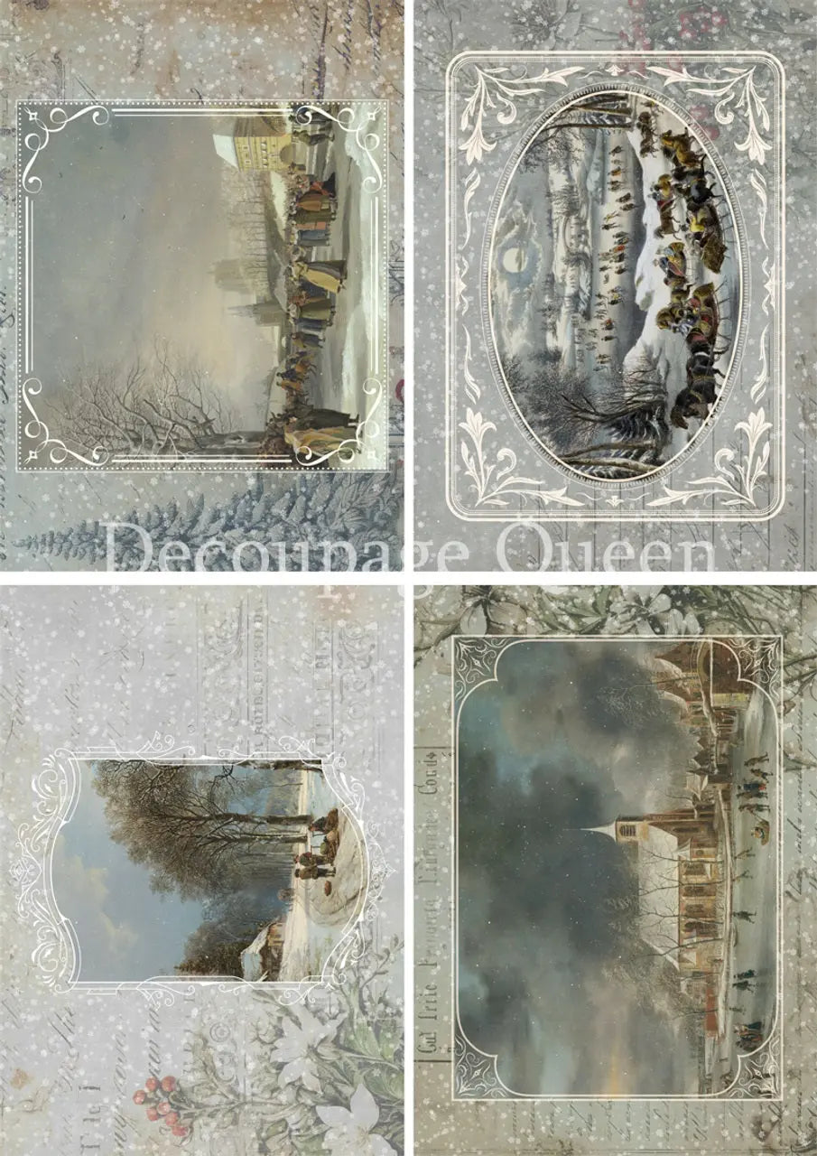 Decoupage Queen, Rice Paper, 2024 Winter Release, Dainty, Christmas, Postcards, Vintage Style, Snow, Squares, Landscapes, A4 8.3" X 11.7" Decoupage Queen