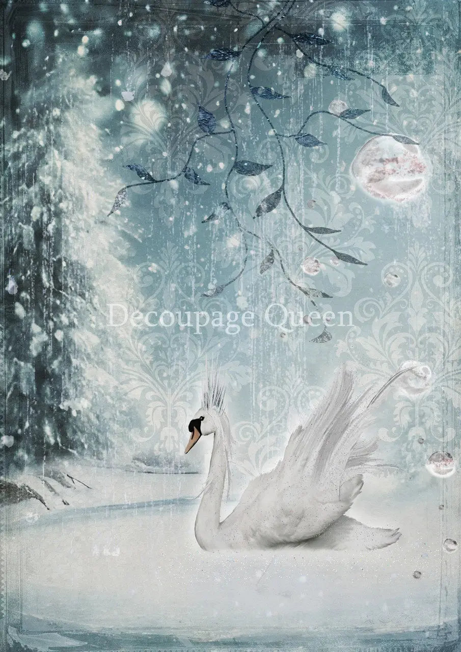 Decoupage Queen, Rice Paper, 2024 Winter Release, Snow, Majestic Winter, White Swan, Blue, Snow, Ice, Scene, A4 Decoupage Queen