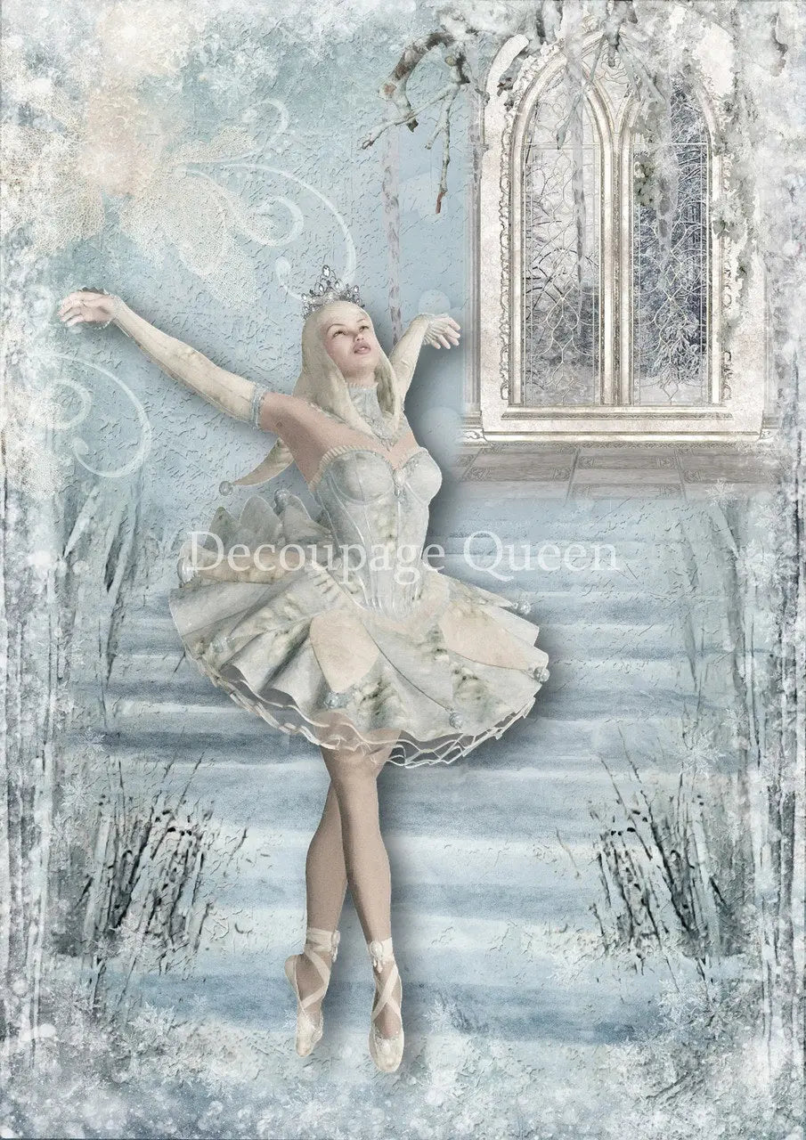 Decoupage Queen, Rice Paper, 2024 Winter Release, Snow, Princess, Ballerina, Dancing, Blue, Snow, Ice, Scene, A4 Decoupage Queen