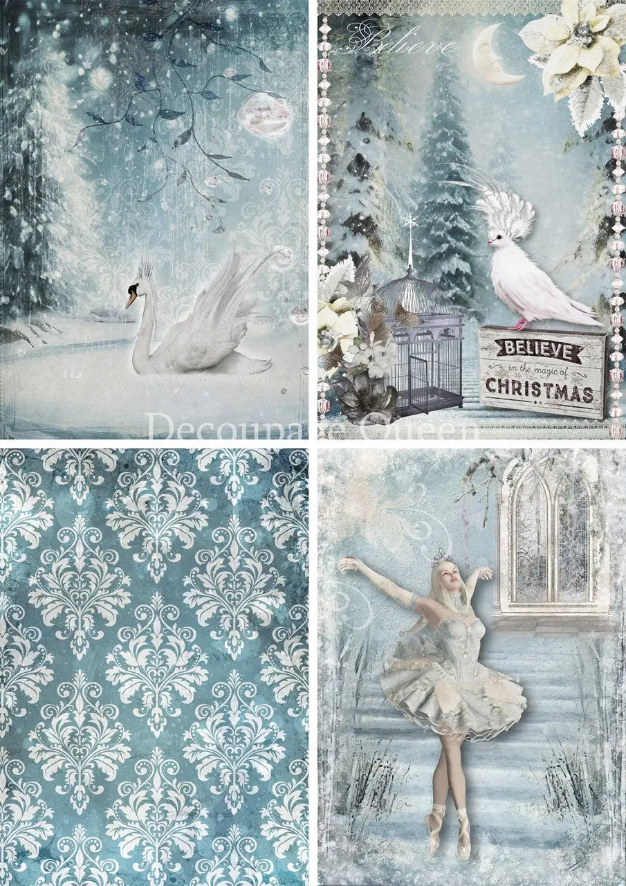 Decoupage Queen, Rice Paper, 2024 Winter Release, Snow, Princess, Squares, Damask, Scenes, Blue, Snow, Ice, Swan, Blue and White, A4 Decoupage Queen
