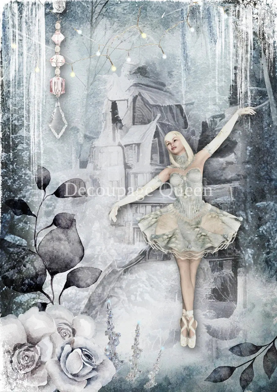 Decoupage Queen, Rice Paper, 2024 Winter Release, Snow, Princess, Ballerina, Dancing, Blue, Snow, Ice, Scene, A4 Decoupage Queen
