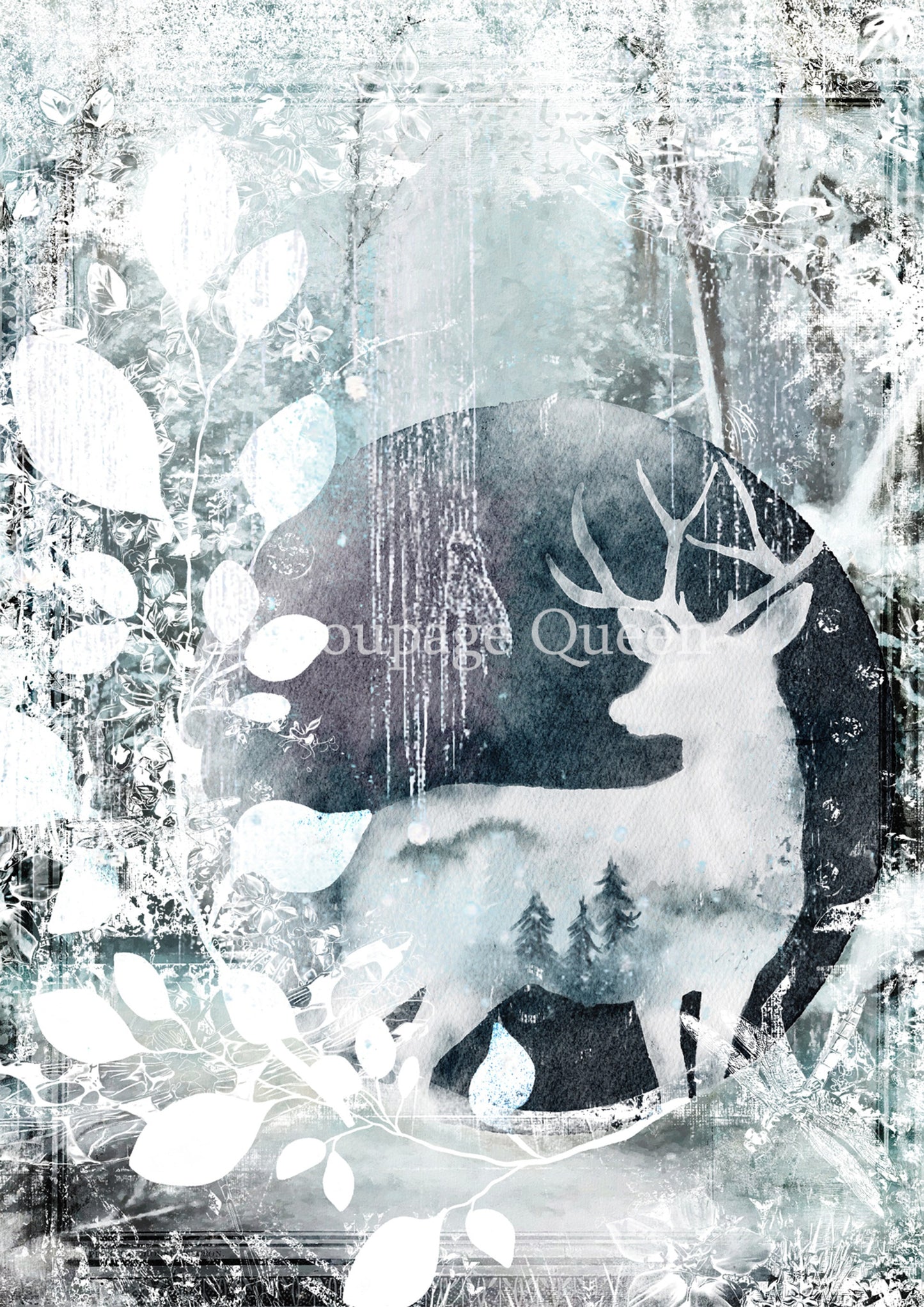 Decoupage Queen, Rice Paper, 2024 Winter Release, Snow, Stag, Deer, Blue, Snow, Ice, Scene, A4