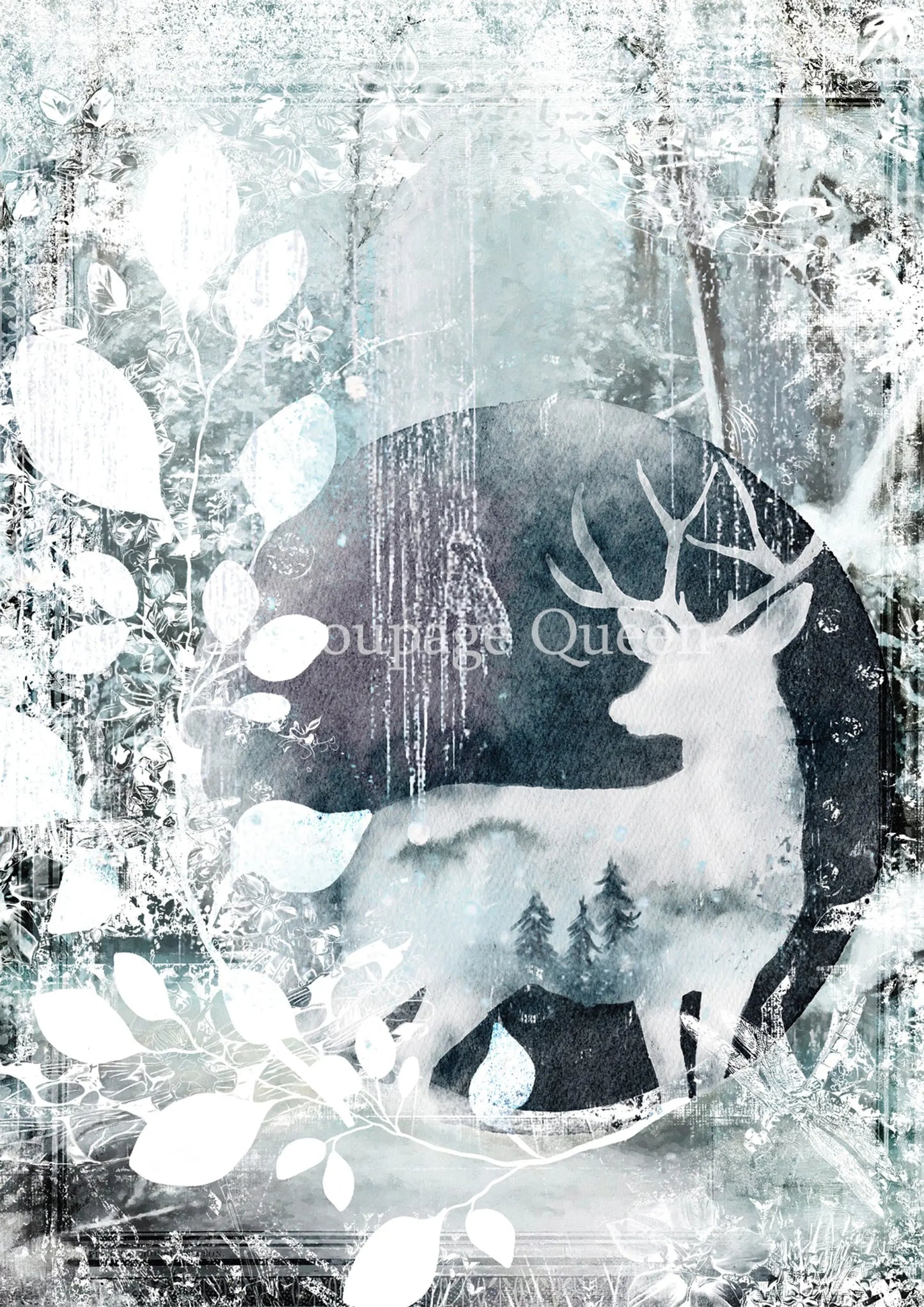Decoupage Queen, Rice Paper, 2024 Winter Release, Snow, Stag, Deer, Blue, Snow, Ice, Scene, A4 Decoupage Queen
