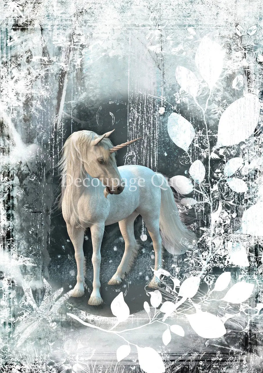 Decoupage Queen, Rice Paper, 2024 Winter Release, Snow, Unicorn, Deer, Blue, Snow, Ice, Scene, A4 Decoupage Queen