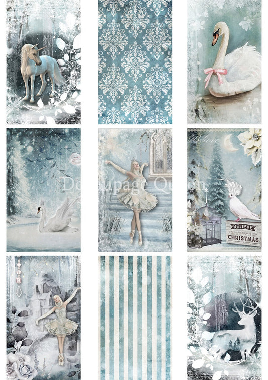Decoupage Queen, Rice Paper, 2024 Winter Release, Snow, Christmas, Squares, Blue, Snow, Ice, Swan, Blue, White, Fantasy Tags, Squares, A3 A4