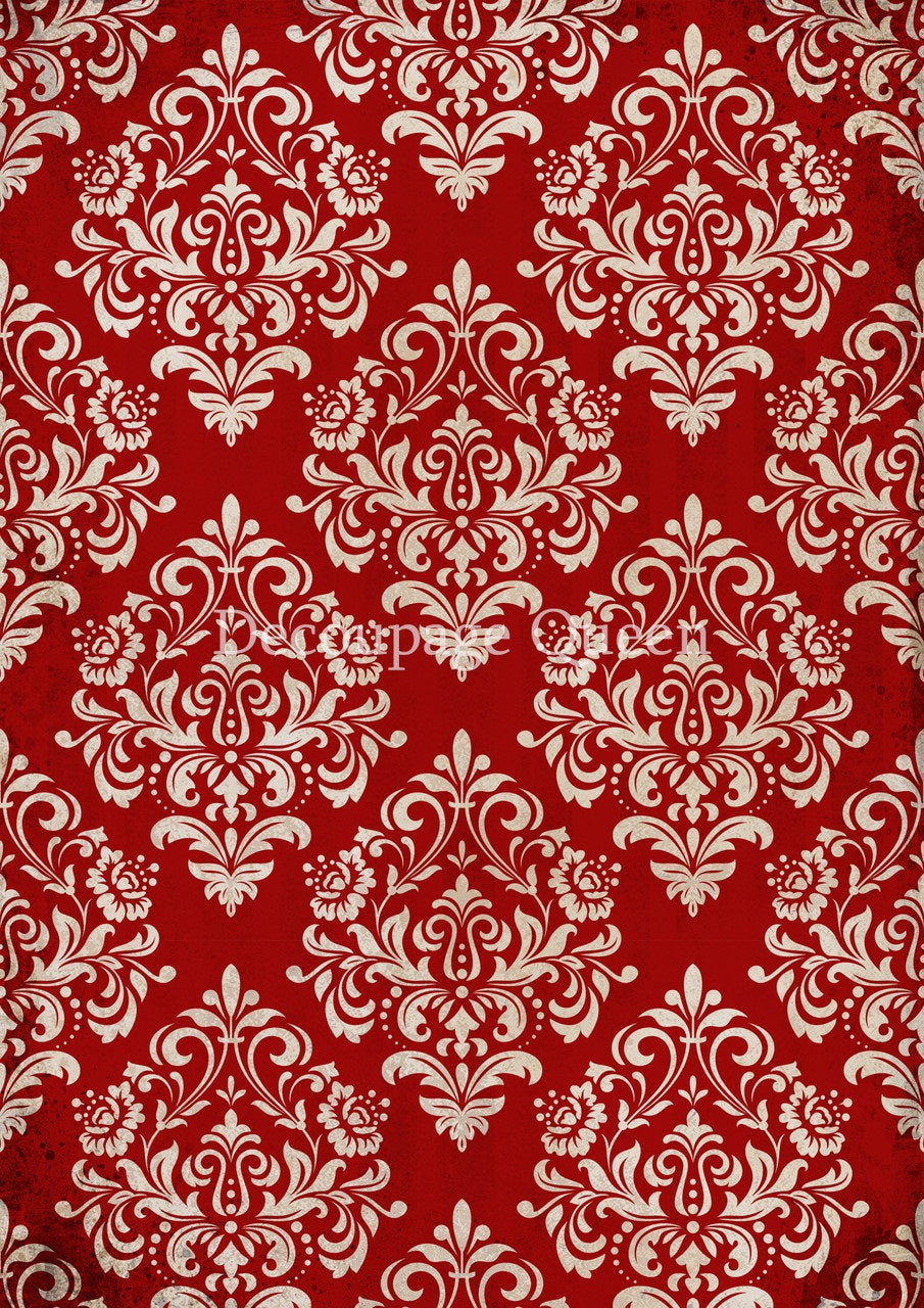 Decoupage Queen, Rice Paper, 2024 Winter Release, Vintage Style, Christmas, Red, Cream, Damask, Background, Wallpaper, Vintage Style, A4
