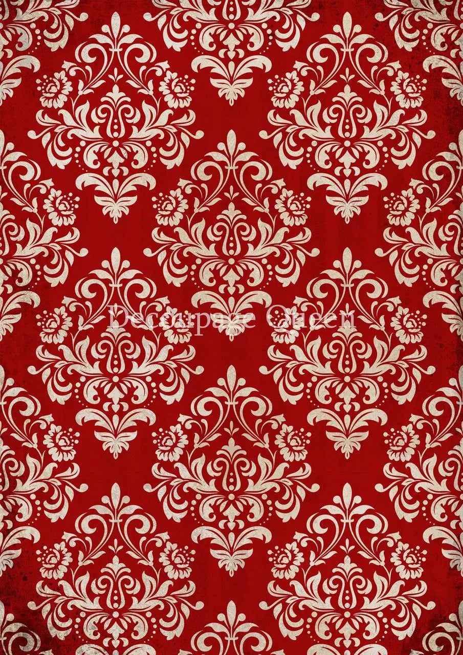 Decoupage Queen, Rice Paper, 2024 Winter Release, Vintage Style, Christmas, Red, Cream, Damask, Background, Wallpaper, Vintage Style, A4 Decoupage Queen