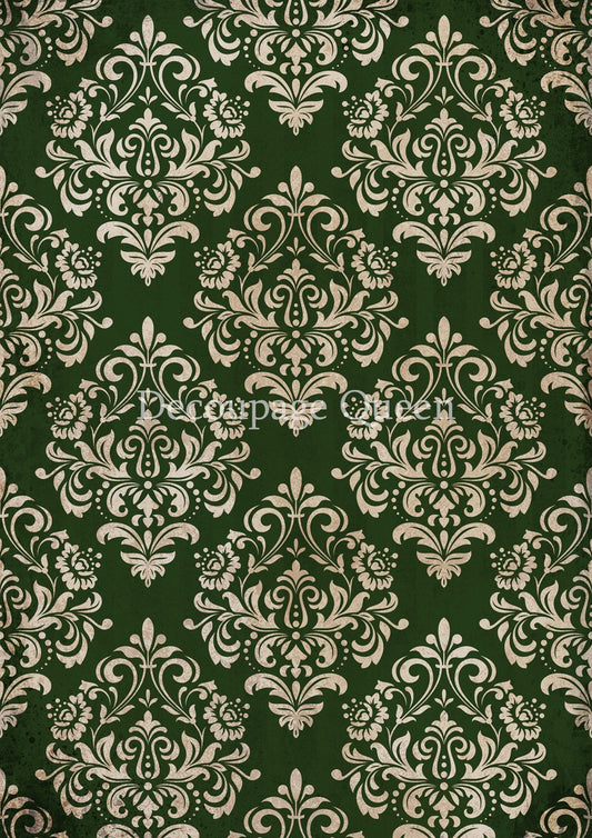 Decoupage Queen, Rice Paper, 2024 Winter Release, Shabby, Vintage Style, Green, Cream, Damask, Background, Wallpaper, Vintage Style, A4