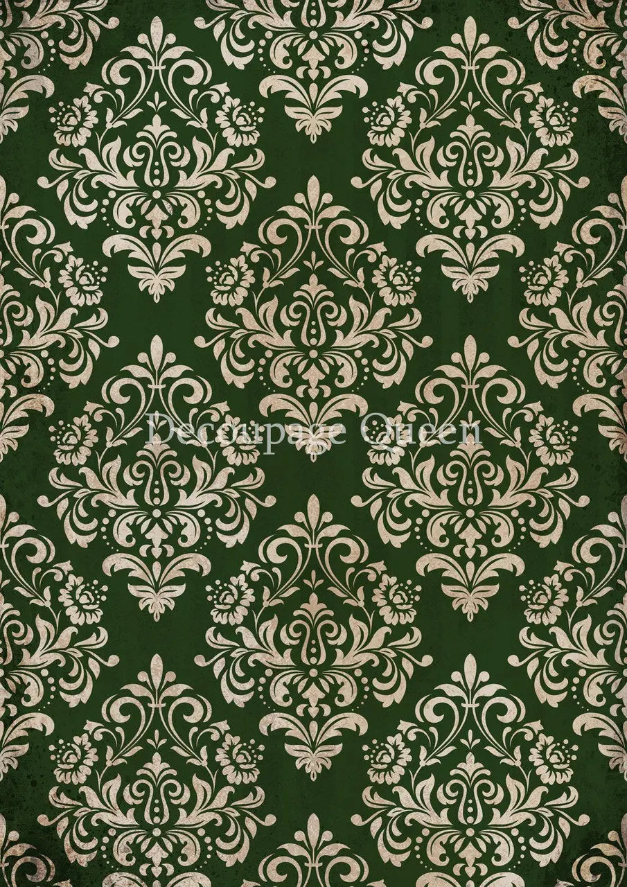 Decoupage Queen, Rice Paper, 2024 Winter Release, Shabby, Vintage Style, Green, Cream, Damask, Background, Wallpaper, Vintage Style, A4 Decoupage Queen