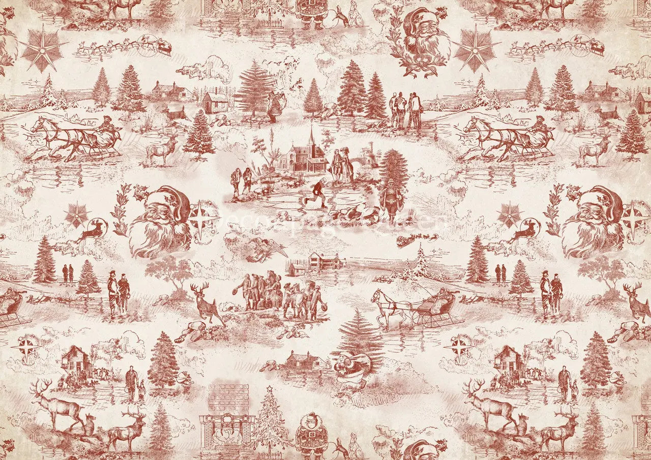 Decoupage Queen, Rice Paper, 2024 Winter Release, Vintage Style, Christmas, Red, Cream, Toile, Background, Wallpaper, Vintage Style, A4 Decoupage Queen