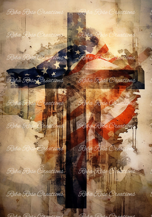 Reba Rose Creations, Rice Paper, Decoupage, Mixed Media, American Cross, Flag, Patriotic, Shabby Chic, 0687, A4 8.27 X 11.6