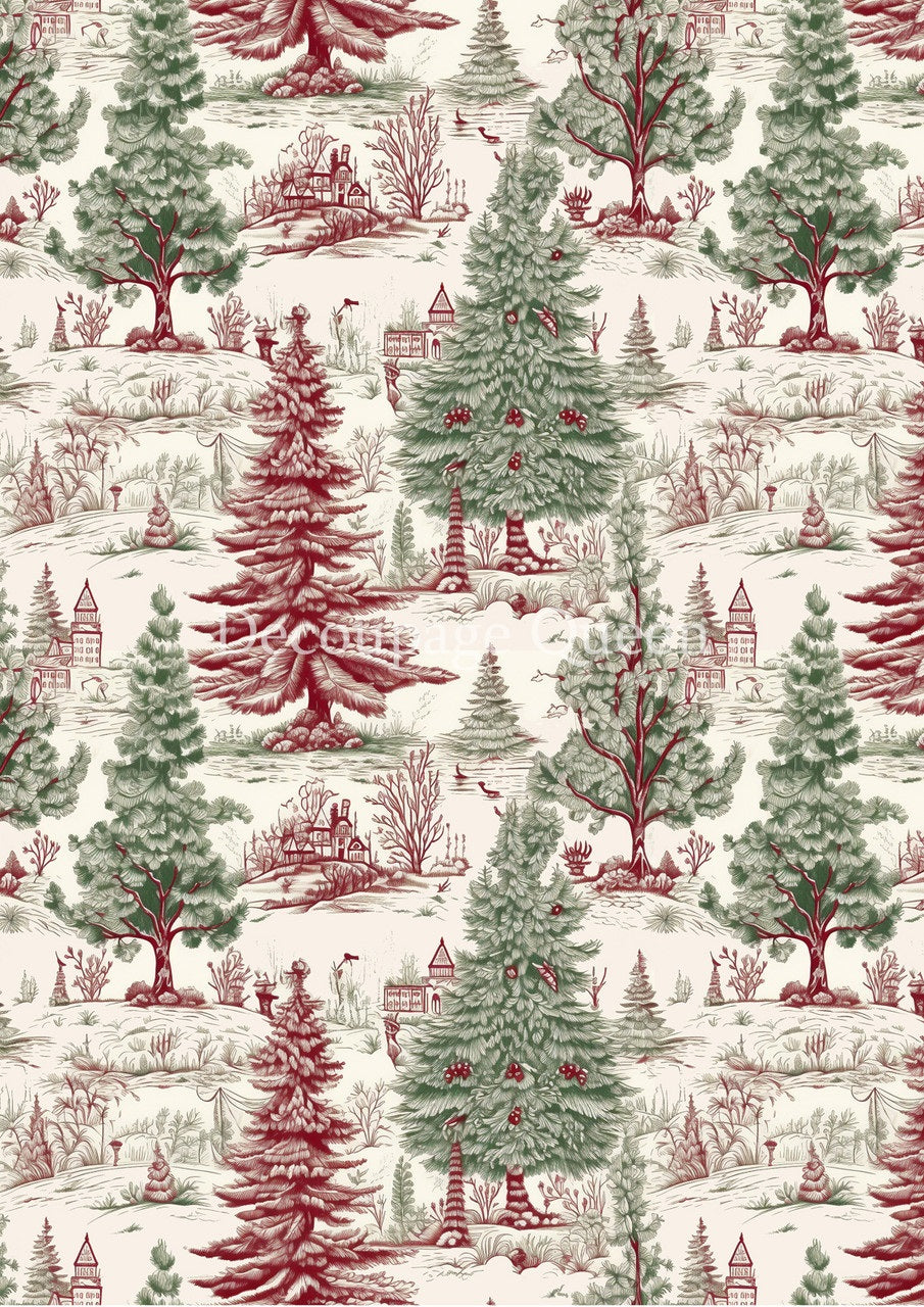 Decoupage Queen, Rice Paper, 2024 Winter Release, Shabby, Vintage Style, Green, Cream, Toile, Trees, Background, Wallpaper, Vintage Style A4