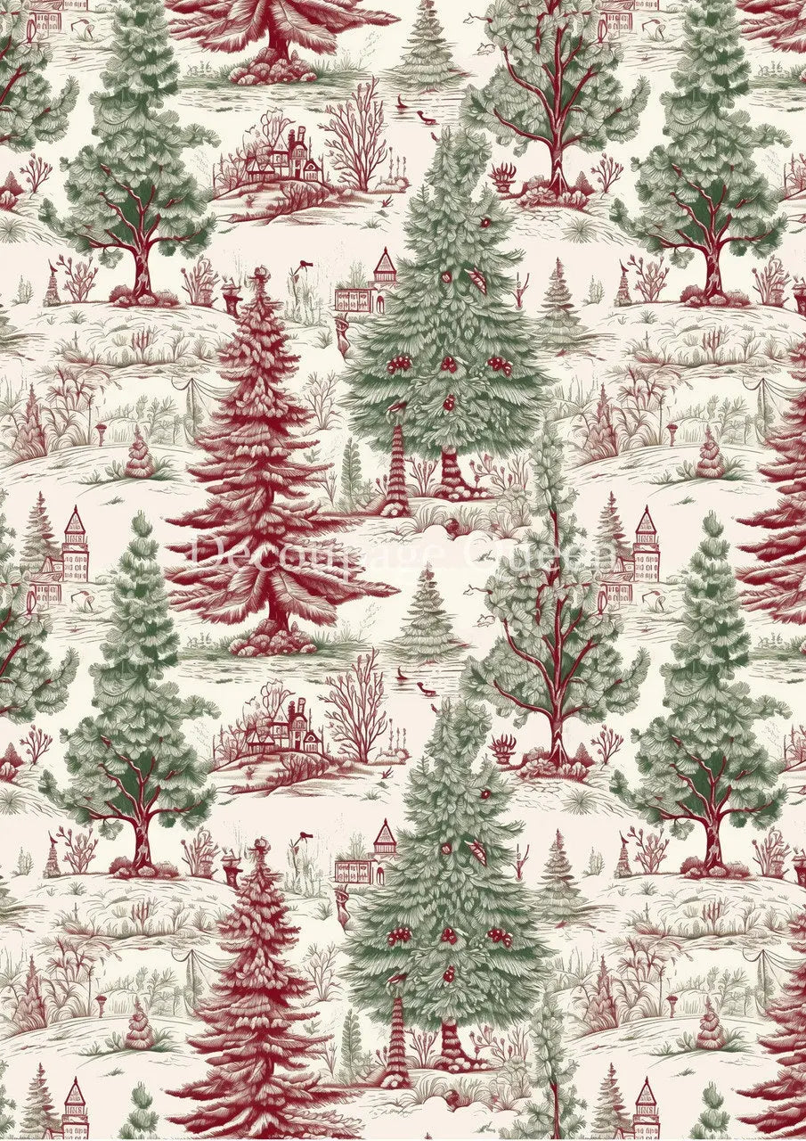 Decoupage Queen, Rice Paper, 2024 Winter Release, Shabby, Vintage Style, Green, Cream, Toile, Trees, Background, Wallpaper, Vintage Style A4 Decoupage Queen
