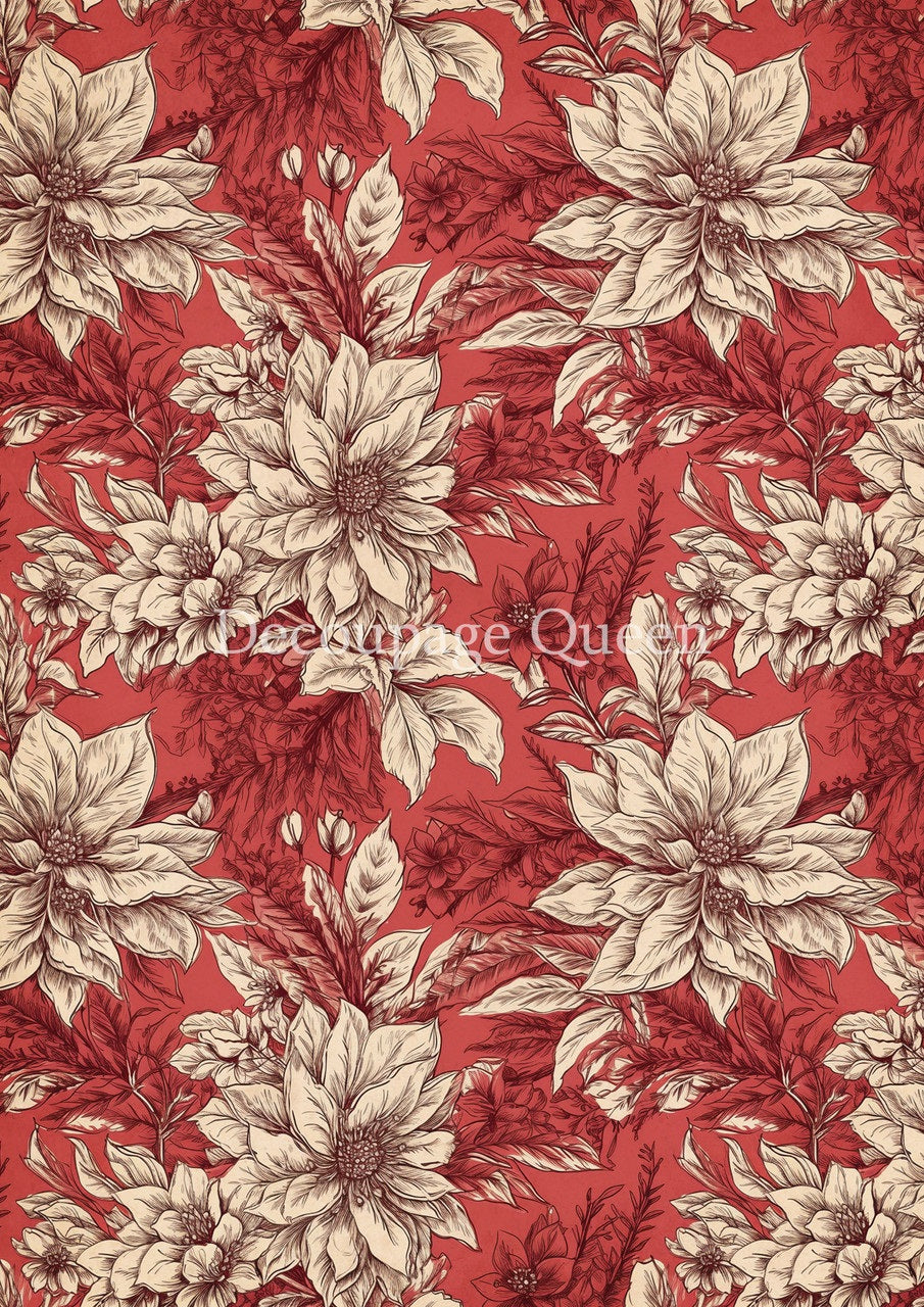 Decoupage Queen, Rice Paper, 2024 Winter Release, Vintage Style, Christmas, Red, Cream, Poinsettia, Background, Wallpaper, Vintage Style, A4