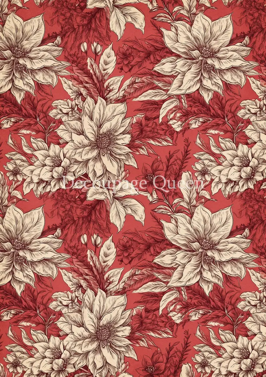 Decoupage Queen, Rice Paper, 2024 Winter Release, Vintage Style, Christmas, Red, Cream, Poinsettia, Background, Wallpaper, Vintage Style, A4 Decoupage Queen
