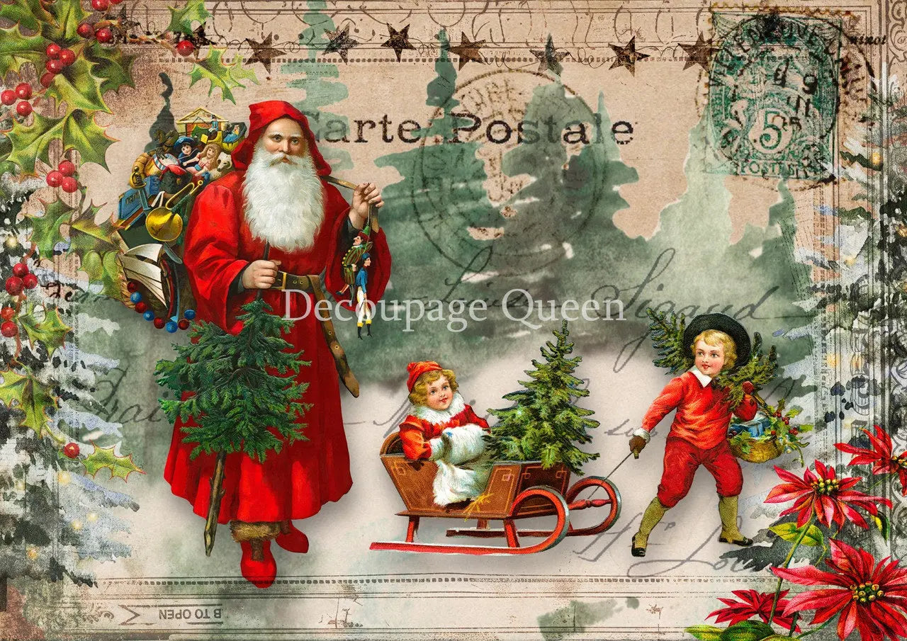 Decoupage Queen, Rice Paper, 2024 Winter Release, Vintage Style, A Merry Christmas to You, Santa Claus, Nostalgic Reproduction, Tree, A4 Decoupage Queen