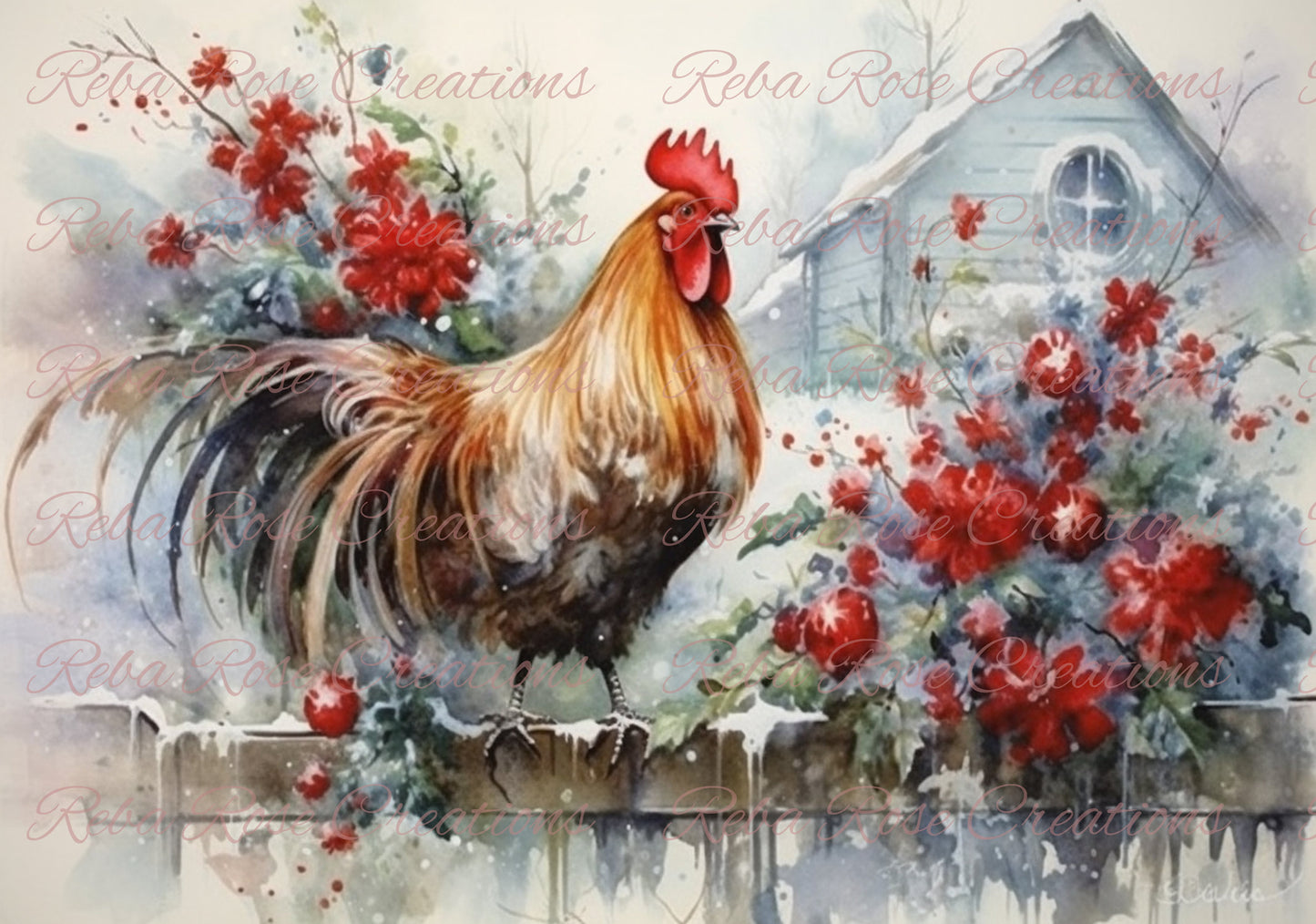 Reba Rose Creations, Rice Paper for Decoupage, Mixed Media, Chicken, Country, Christmas, Holiday, Shabby Chic, 0715,  A4 8.27 X 11.6