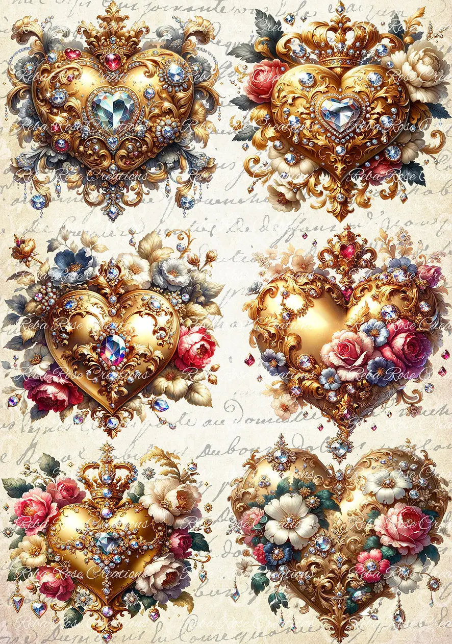 Reba Rose Creations, Rice Paper for Decoupage, Mixed Media, Jeweled Hearts, Squares, Valentine, A4 8.27 X 11.6 Reba Rose