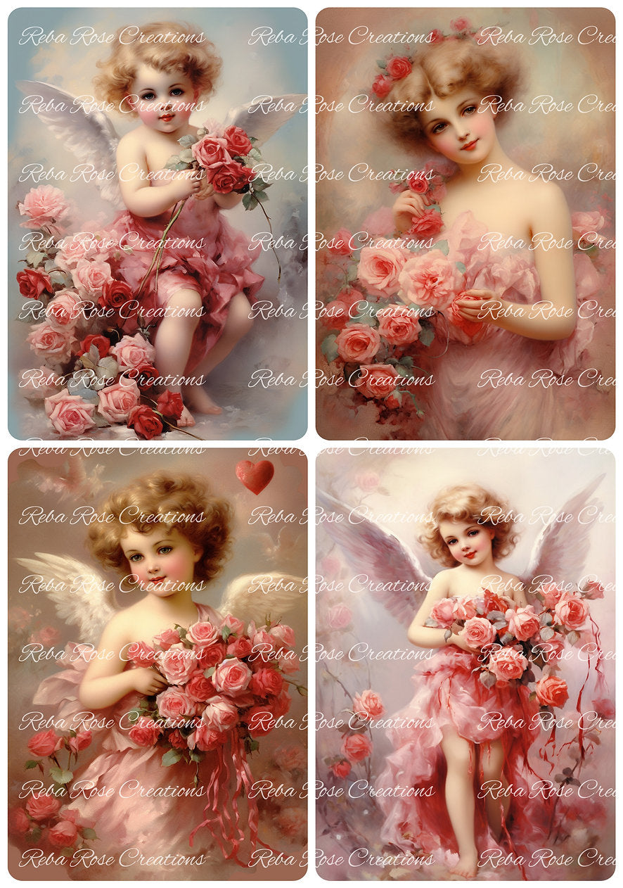 Reba Rose Creations, Rice Paper for Decoupage, Mixed Media, Valentine, Cupids, Roses, Angels, A4 8.27 X 11.6