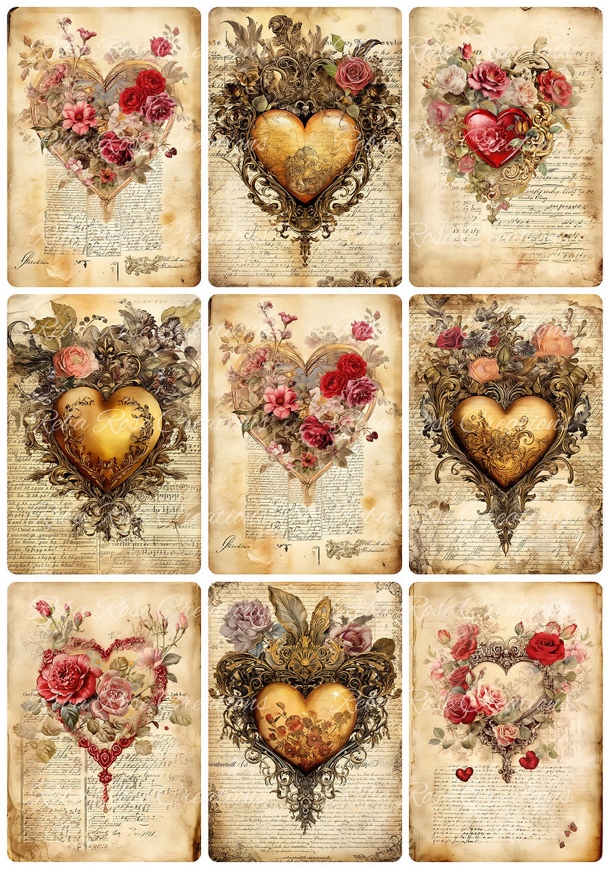 Reba Rose Creations, Rice Paper for Decoupage, Mixed Media, Ornate, Valentine, Hearts, Squares, A4 8.27 X 11.6