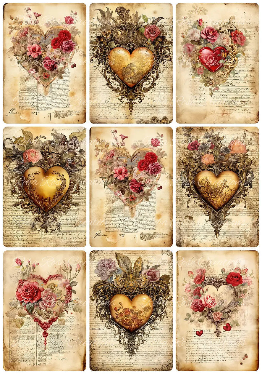 Reba Rose Creations, Rice Paper for Decoupage, Mixed Media, Ornate, Valentine, Hearts, Squares, A4 8.27 X 11.6 Reba Rose
