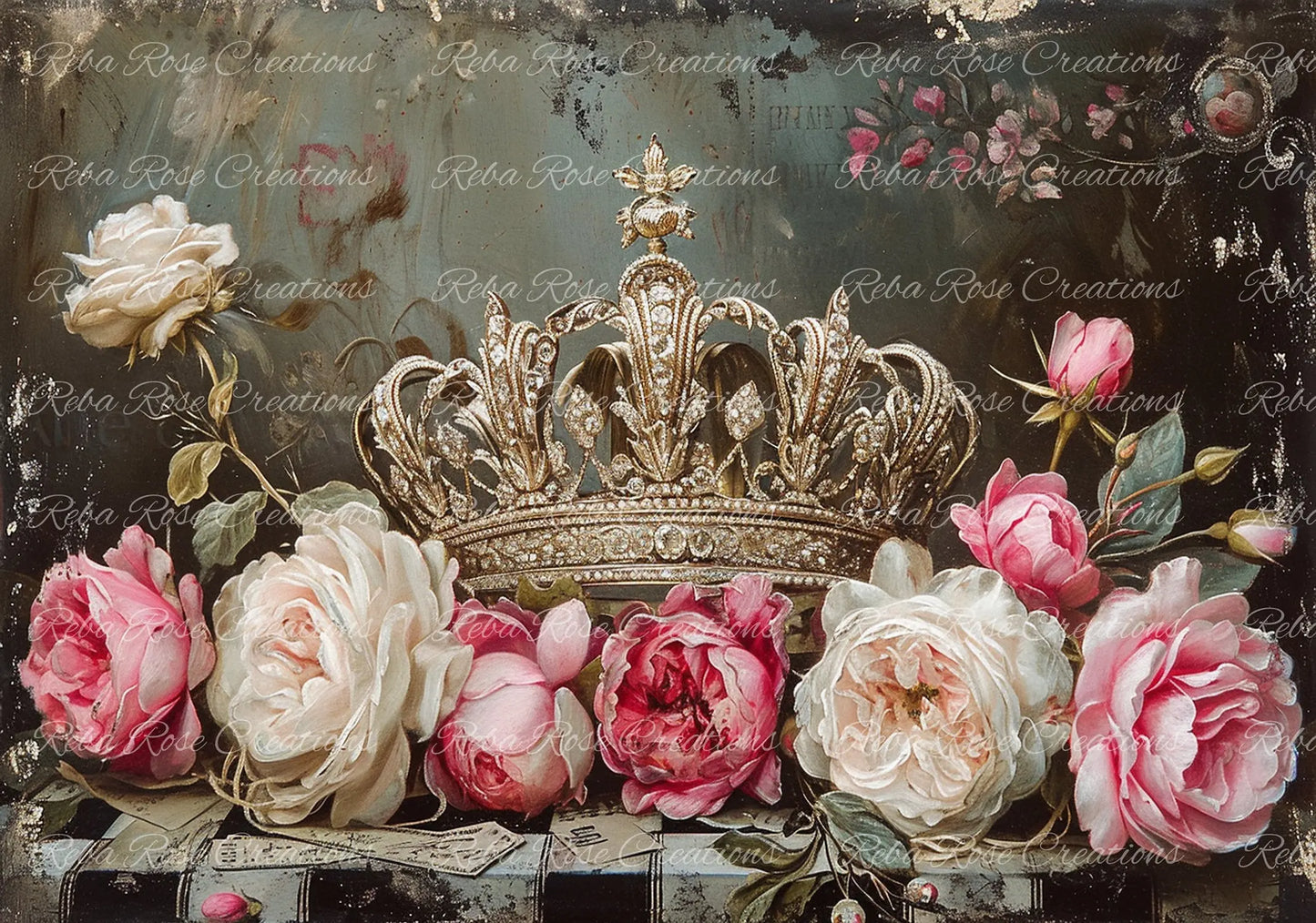 Reba Rose Creations, Rice Paper, Decoupage, Mixed Media, Crown, Jewel, Pink, White, Roses, Shabby Chic, 830, A4 8.27 X 11.6 Reba Rose