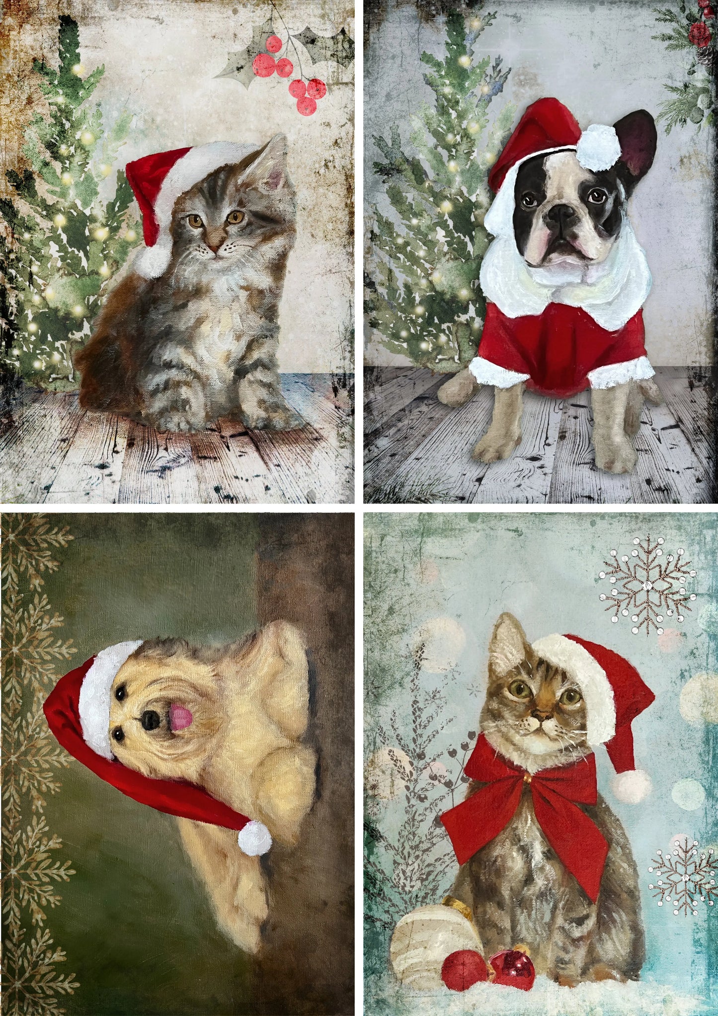 Decoupage Queen, Rice Paper, Teresa Rene Art, Christmas, Kittens, Puppies, Squares, 2025 Release, Decoupage, Mixed Media, A4 8.27 X 11.69 Decoupage Queen