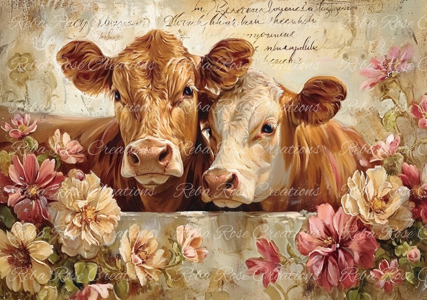 Reba Rose Creations, Rice Paper for Decoupage, Mixed Media, Cows, Country, Roses, Shabby Chic, 0877,  A4 8.27 X 11.6