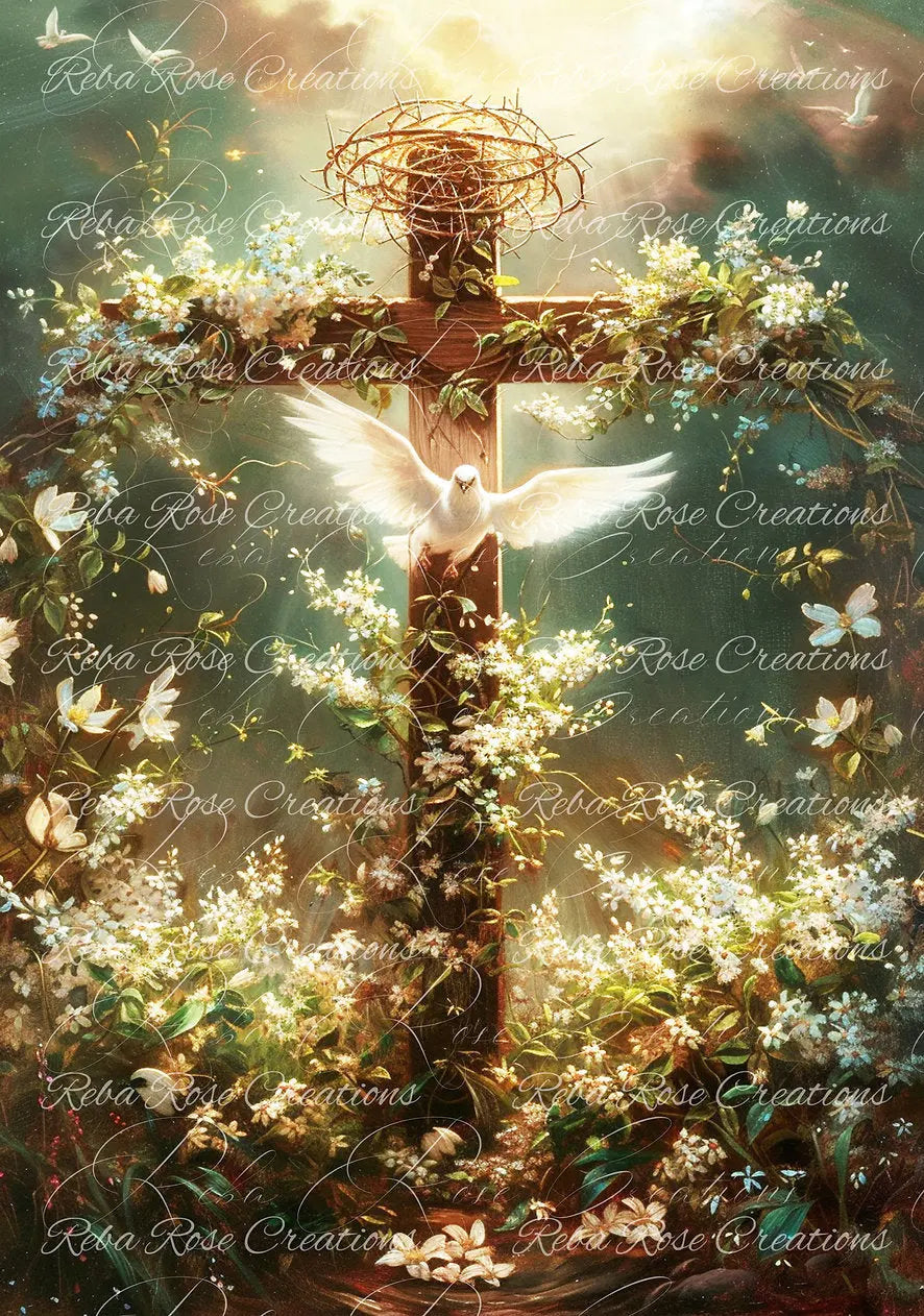 Reba Rose Creations, Rice Paper for Decoupage, Mixed Media, Easter, Cross, Dove, He has risen, A4 8.27 X 11.6 Reba Rose