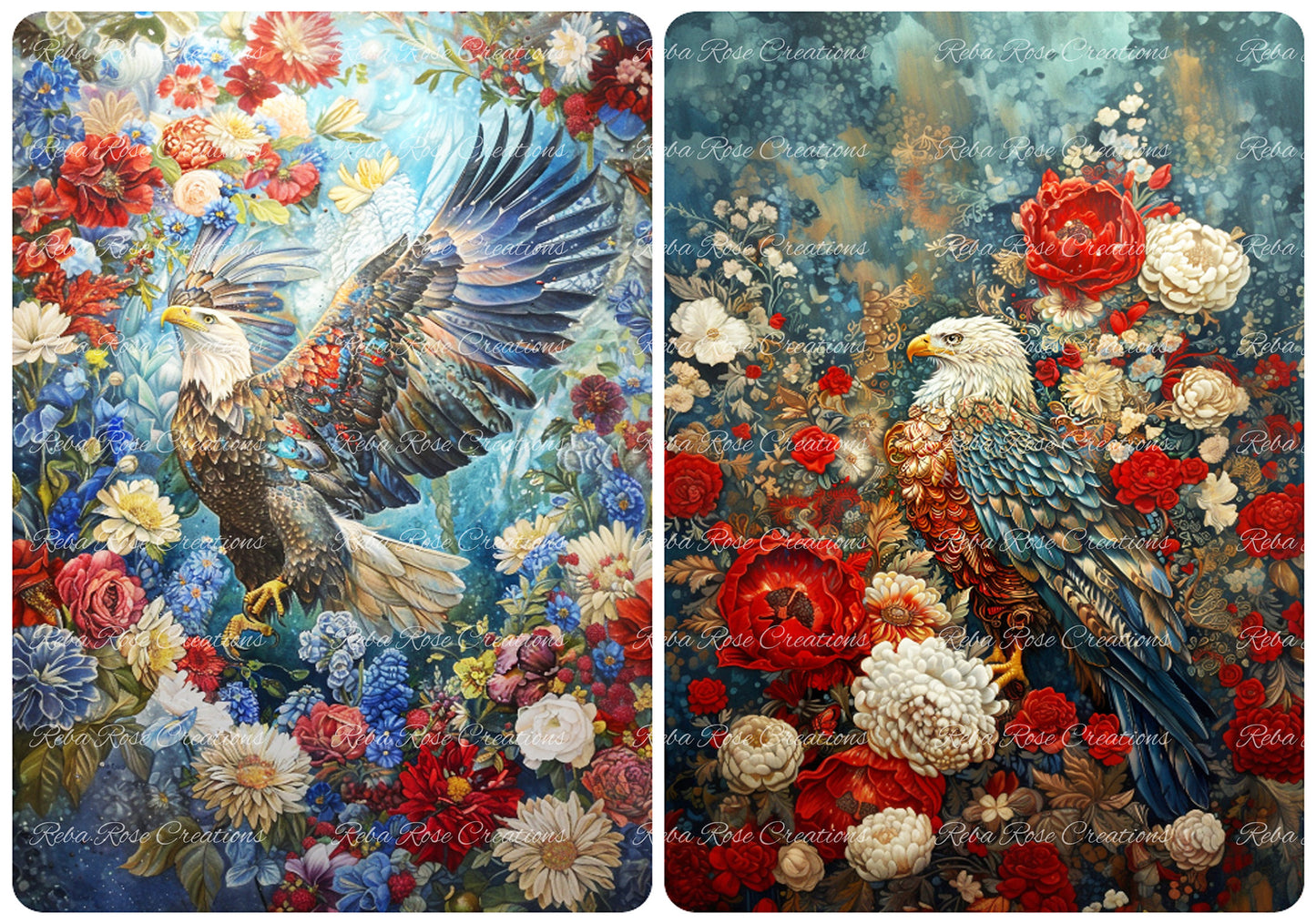 Reba Rose Creations, Rice Paper, Decoupage, Mixed Media, Red, White, Blue, Patriotic, Bald Eagle, Roses, Shabby Chic, 1076, A4 8.27 X 11.6