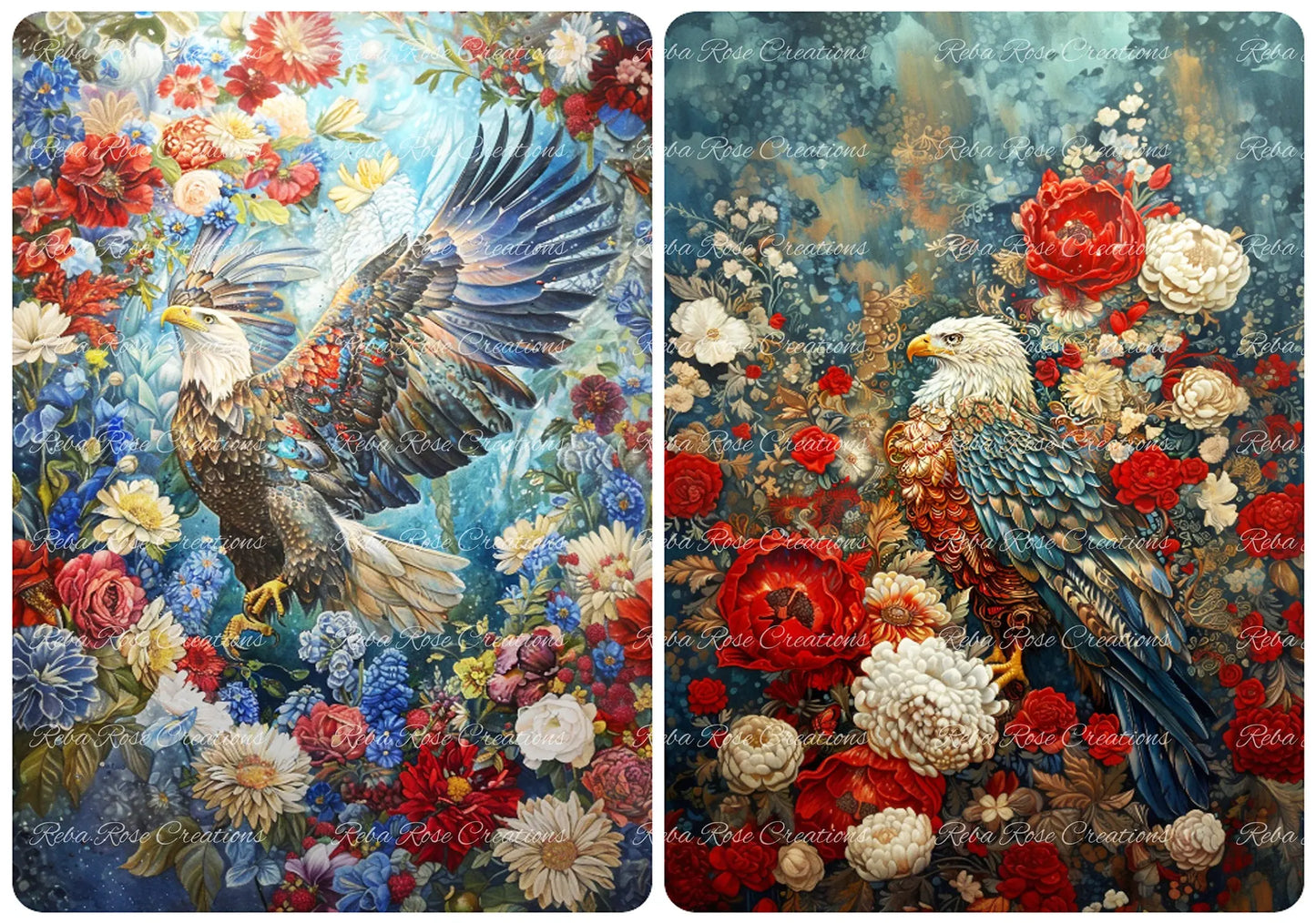 Reba Rose Creations, Rice Paper, Decoupage, Mixed Media, Red, White, Blue, Patriotic, Bald Eagle, Roses, Shabby Chic, 1076, A4 8.27 X 11.6 Reba Rose