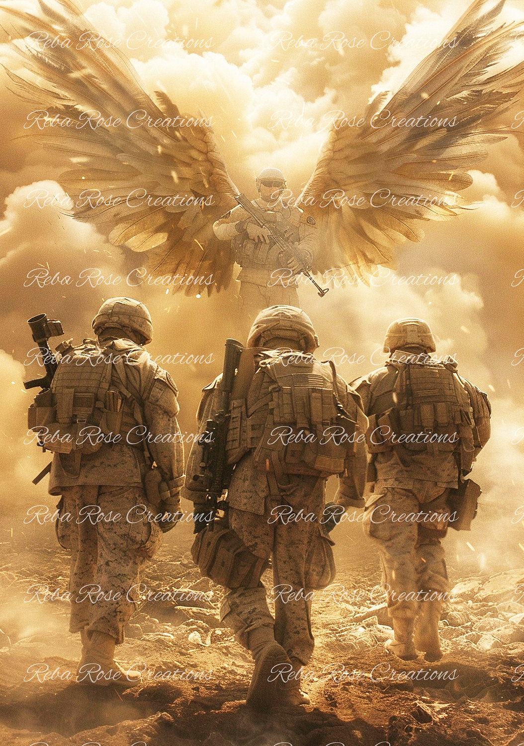 Reba Rose Creations, Rice Paper for Decoupage, Mixed Media, My Brothers Keeper, American Soldiers, Angel, Memorial Day, 1077, A4 8.27 X 11.6