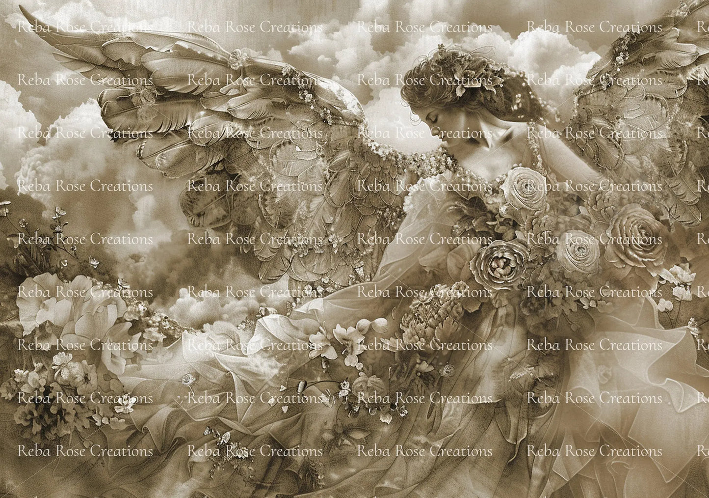 Reba Rose Creations, Rice Paper for Decoupage, Mixed Media, Heavenly, Angel, Sepia Tone, Shabby Chic, 1155, A4 8.27 X 11.6 Reba Rose