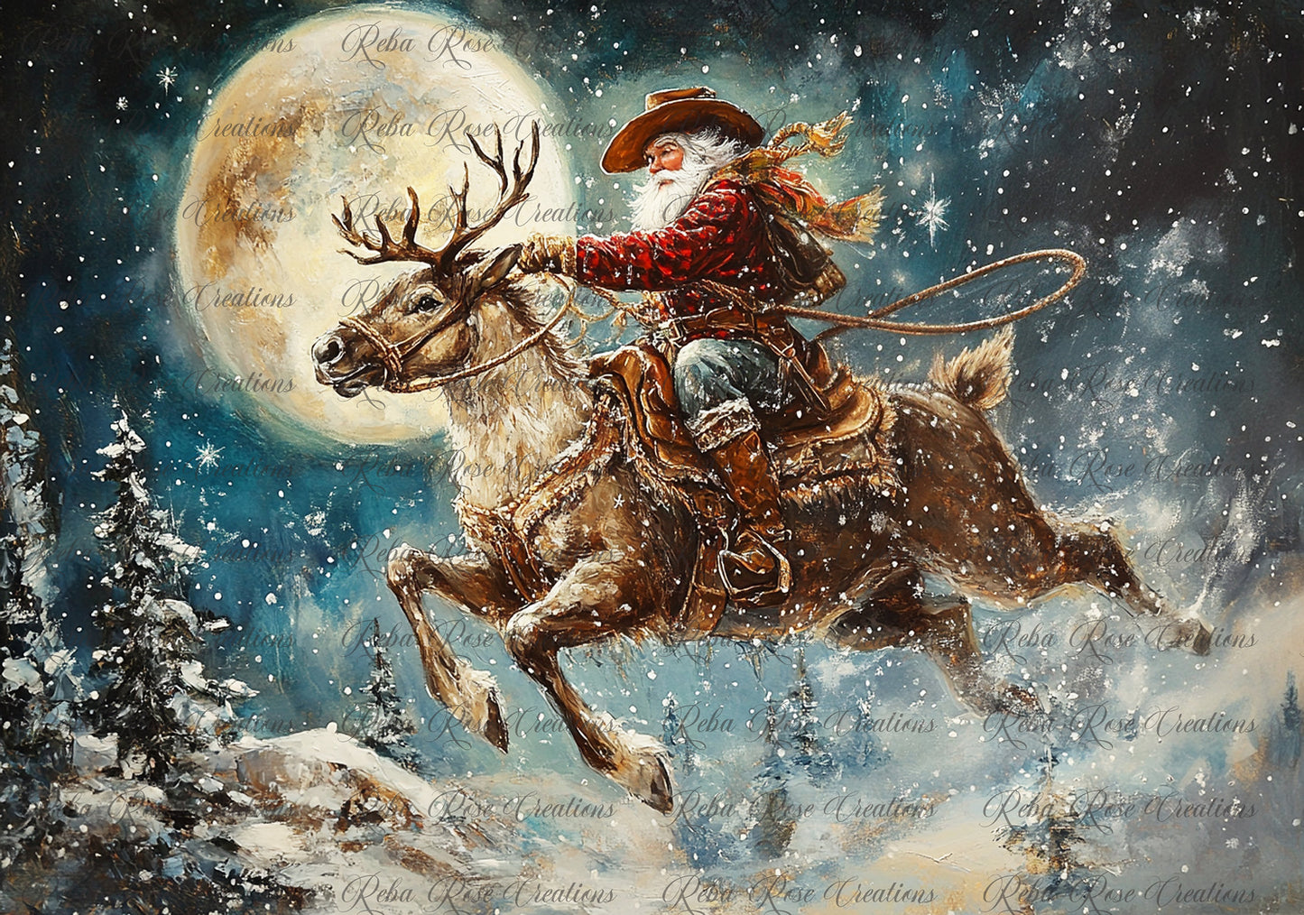 Reba Rose Creations, Rice Paper for Decoupage, Mixed Media, Christmas Cowboy Santa, Western, Country, Midnight Ride, 1402,  A4 8.27 X 11.6