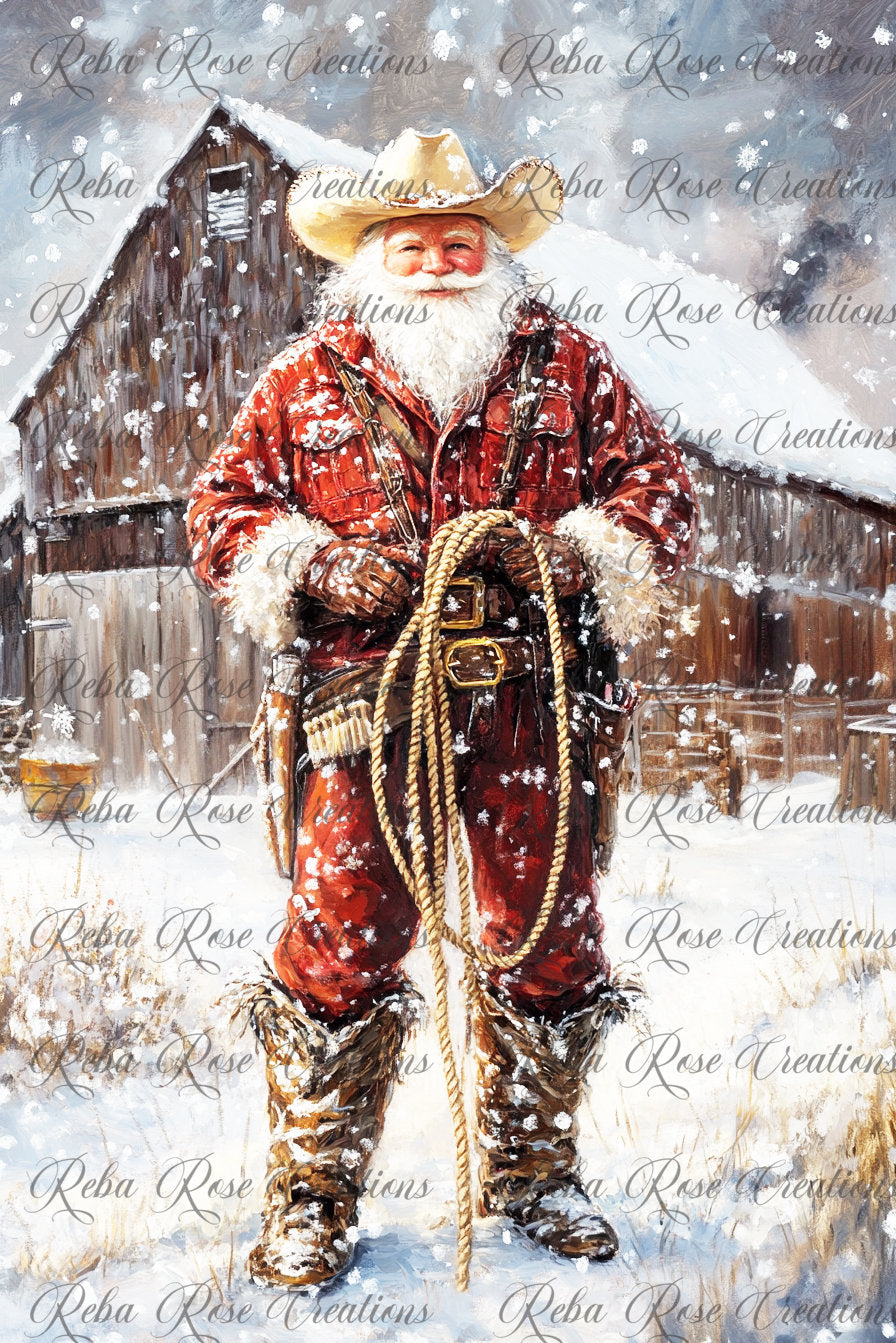 Reba Rose Creations, Rice Paper for Decoupage, Mixed Media, Christmas Cowboy Santa, Western, Country, 1403,  A4 8.27 X 11.6