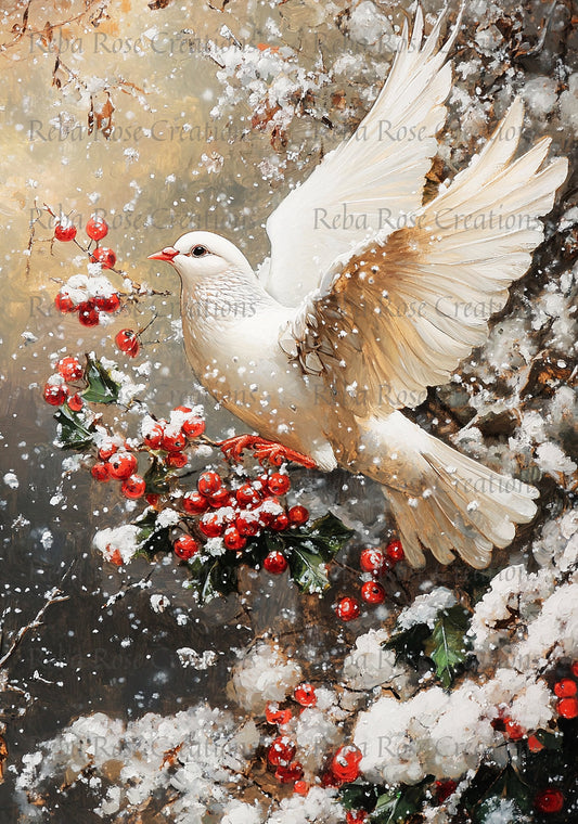 Reba Rose Creations, Rice Paper for Decoupage, Dove, Christmas, Holly, Snow, Shabby Chic, Mixed Media, 1432, A4, 8.27 X 11.6